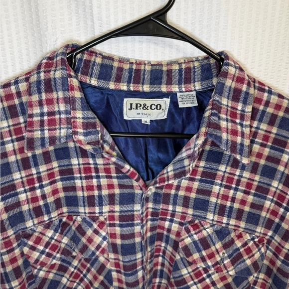 Rare Vintage JP & CO Heavyweight Flannel Shirt XL Plaid Navy Blue Red Brown 90s - Picture 4 of 6